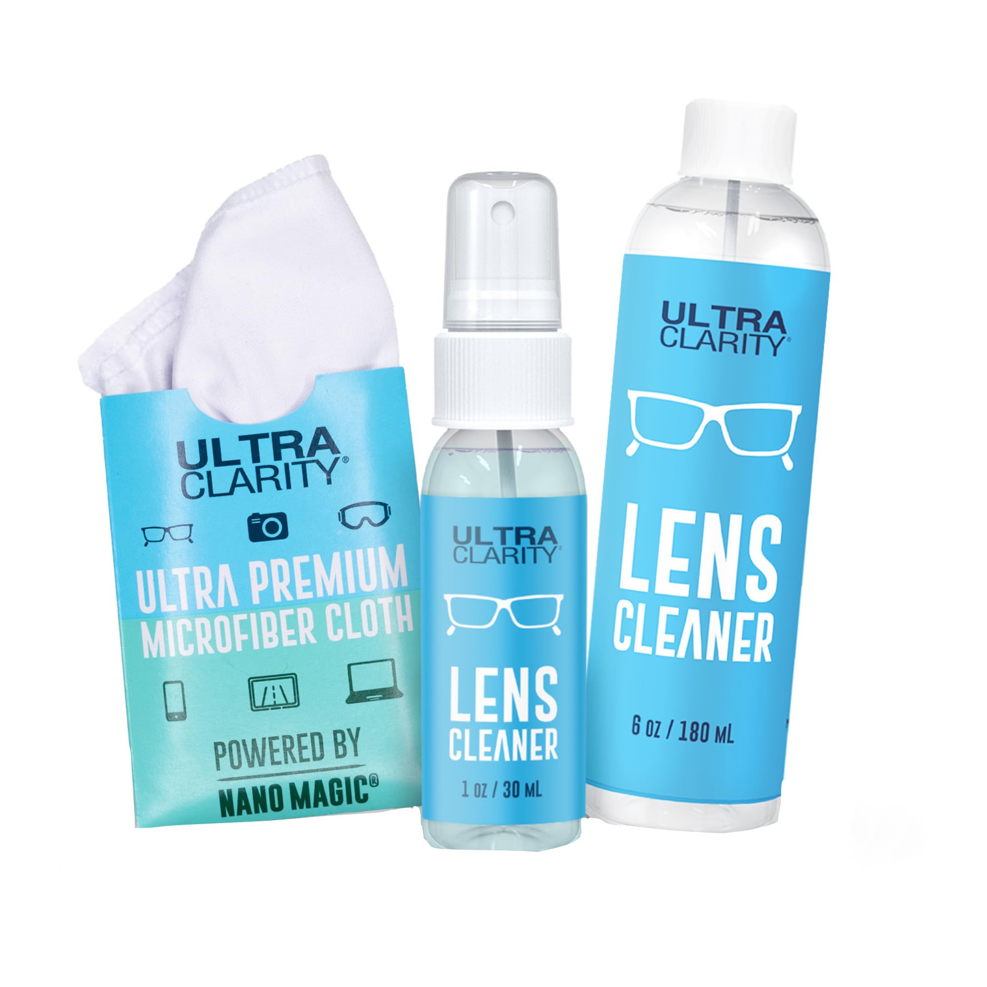 Ultra Clarity | Powered by Nano Magic Eyeglass Lens Cleaning Spray 7oz Value Pack | 1oz Spray, 6oz Refill, Microfiber Cloth | for Glasses, Phone, Electronic Screens, Optic Surfaces, Coated Surfaces