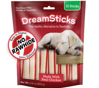 DreamBone DreamSticks With Real Chicken Chews For Dogs, 15 Count, These Easy-to-Digest Rawhide-Free Chews are a Dog?s Favorite Distraction