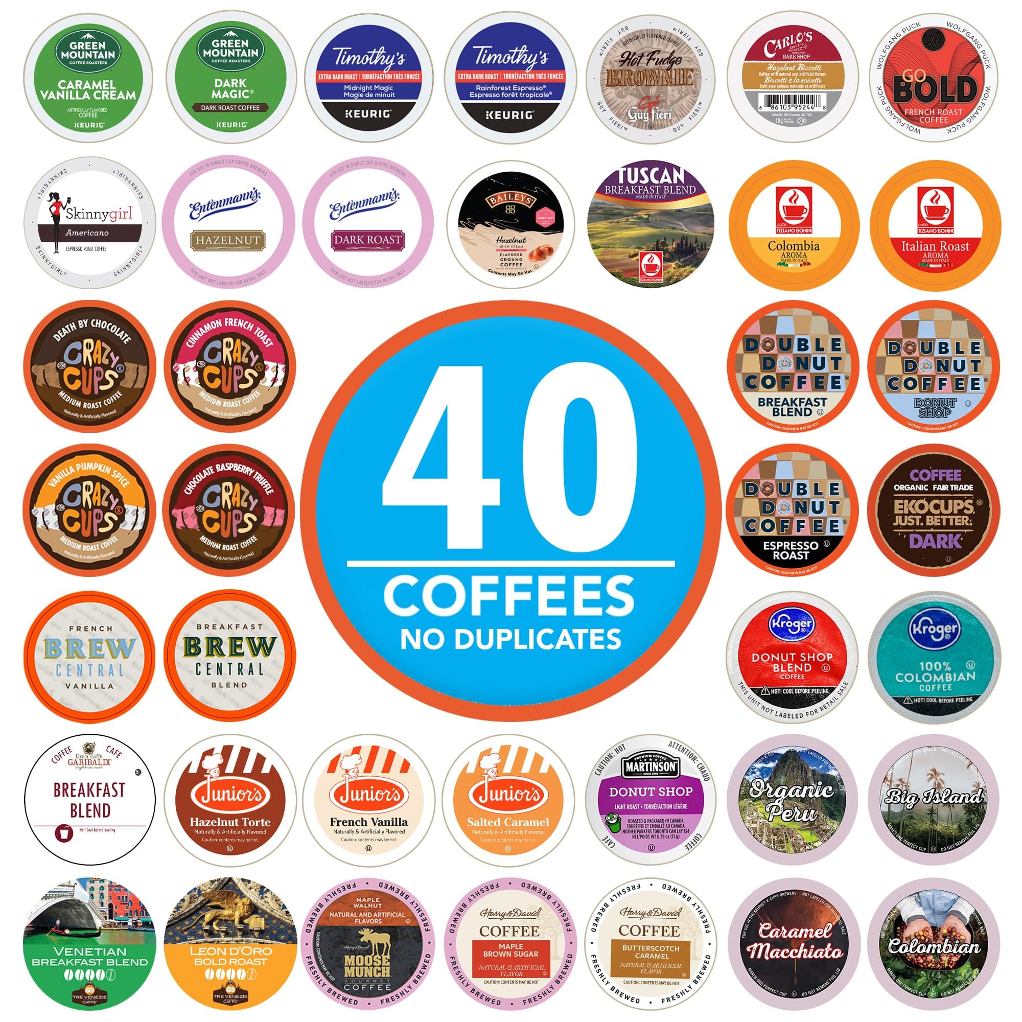 Coffee Pods Variety Pack Sampler, Assorted Single Serve Coffee for Keurig K Cups Coffee Makers, 40 Unique Cups - Great Coffee Gift