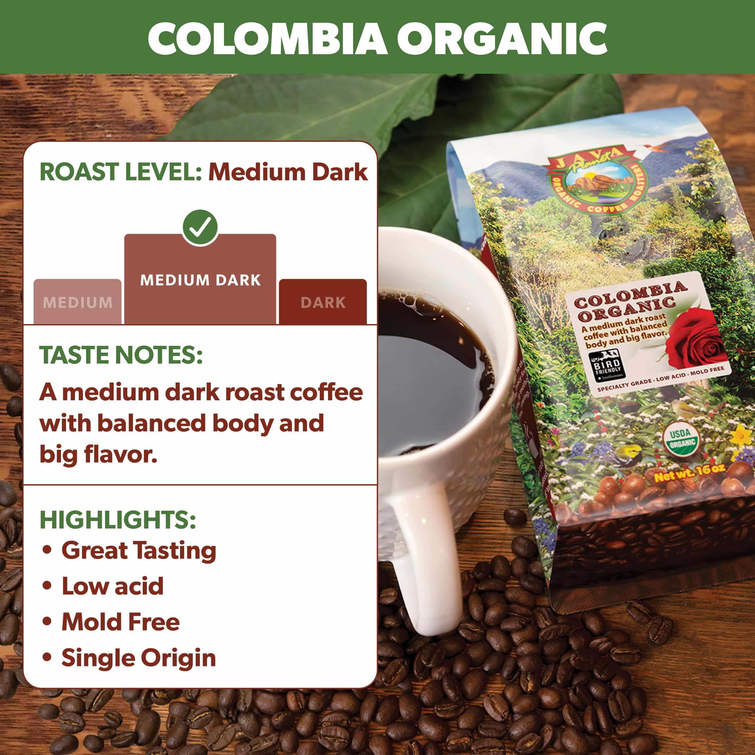 Java Planet Low Acid Coffee, Organic Colombian Single Origin: Whole Bean Medium Dark Roast - Smooth Full Flavored Coffee Bean, Two 1LB Bags - Image 3