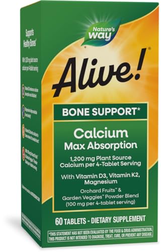 Nature's Way Alive! Calcium Max Absorption, Bone Support*, Plant Source Calcium, Vitamin D3 & K2, Magnesium, 60 Tablets (Packaging May Vary)