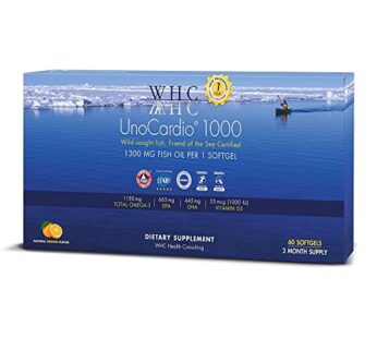 WHC, UnoCardio 1000 Fish Oil, 1300 mg of Pure Triglyceride Fish Oil with Omega-3 (1180 mg), 665 mg EPA and 445 mg DHA and 25 mcg (1000 IU) Vitamin D3 per softgel, Natural Orange, 60 softgels