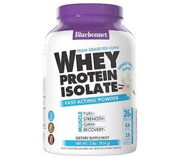 BlueBonnet Nutrition Whey Protein Isolate Powder From Grass Fed Cows, 26g of Protein, No Sugar Added, Gluten & Soy free, kosher Dairy, 2 Lbs, 28 Servings, French Vanilla Flavor