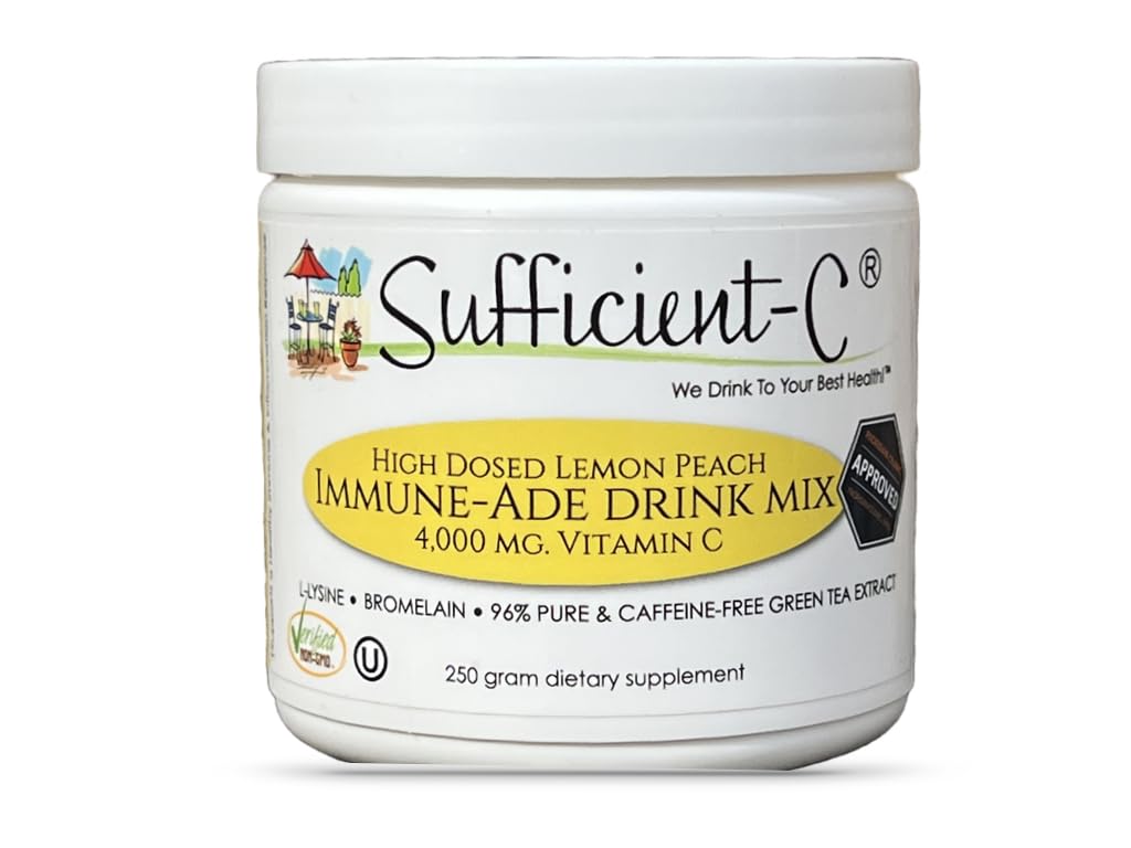 Sufficient-C High-Dosed 4000 mg. Vitamin C Lemon Peach Immune-Ade Drink Mix 250 gram size - Refreshing with Generously Dosed L-lysine, Bromelain & 96% Pure, Caffeine-Free Green Tea Extract