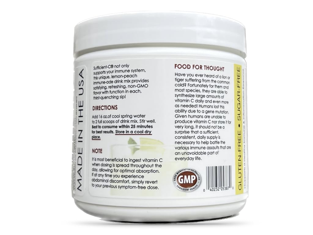 Sufficient-C High-Dosed 4000 mg. Vitamin C Lemon Peach Immune-Ade Drink Mix 250 gram size - Refreshing with Generously Dosed L-lysine, Bromelain & 96% Pure, Caffeine-Free Green Tea Extract - Image 6