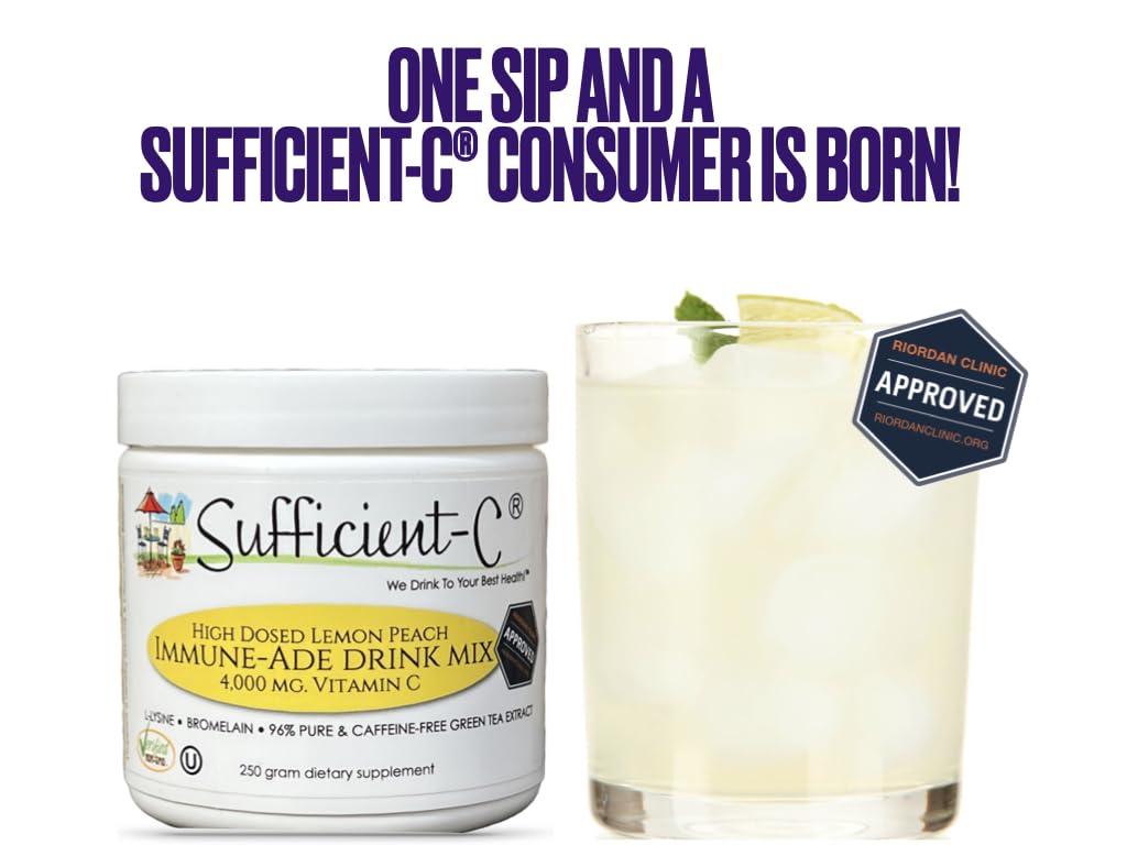 Sufficient-C High-Dosed 4000 mg. Vitamin C Lemon Peach Immune-Ade Drink Mix 250 gram size - Refreshing with Generously Dosed L-lysine, Bromelain & 96% Pure, Caffeine-Free Green Tea Extract - Image 7