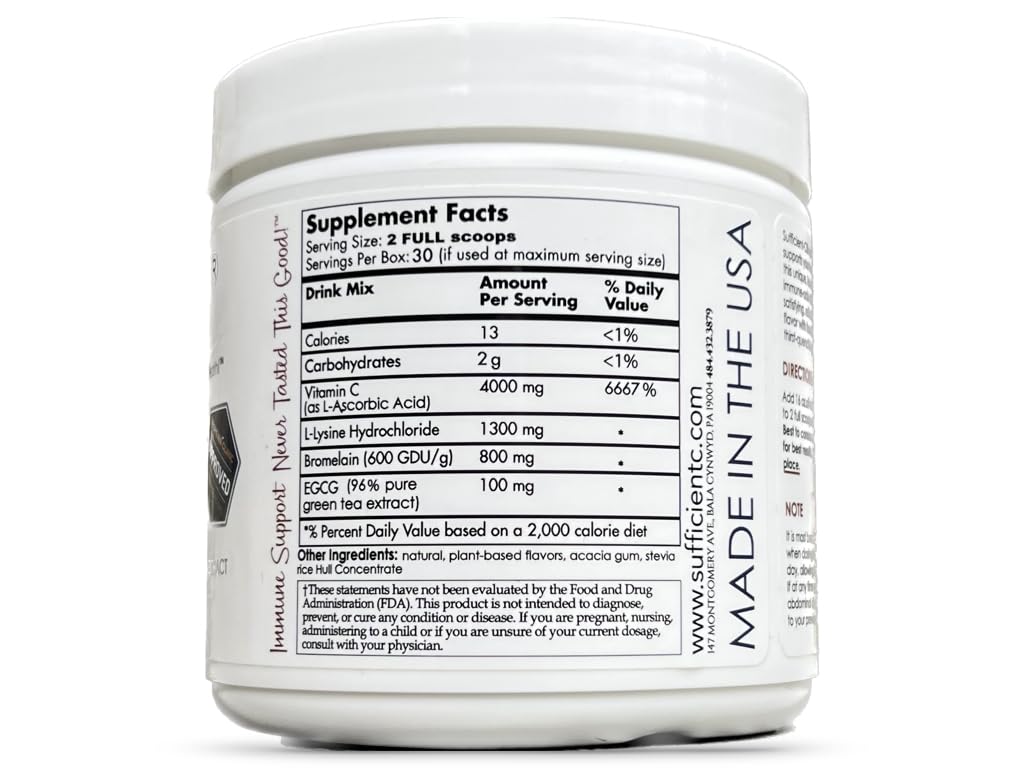 Sufficient-C High-Dosed 4000 mg. Vitamin C Lemon Peach Immune-Ade Drink Mix 250 gram size - Refreshing with Generously Dosed L-lysine, Bromelain & 96% Pure, Caffeine-Free Green Tea Extract - Image 2