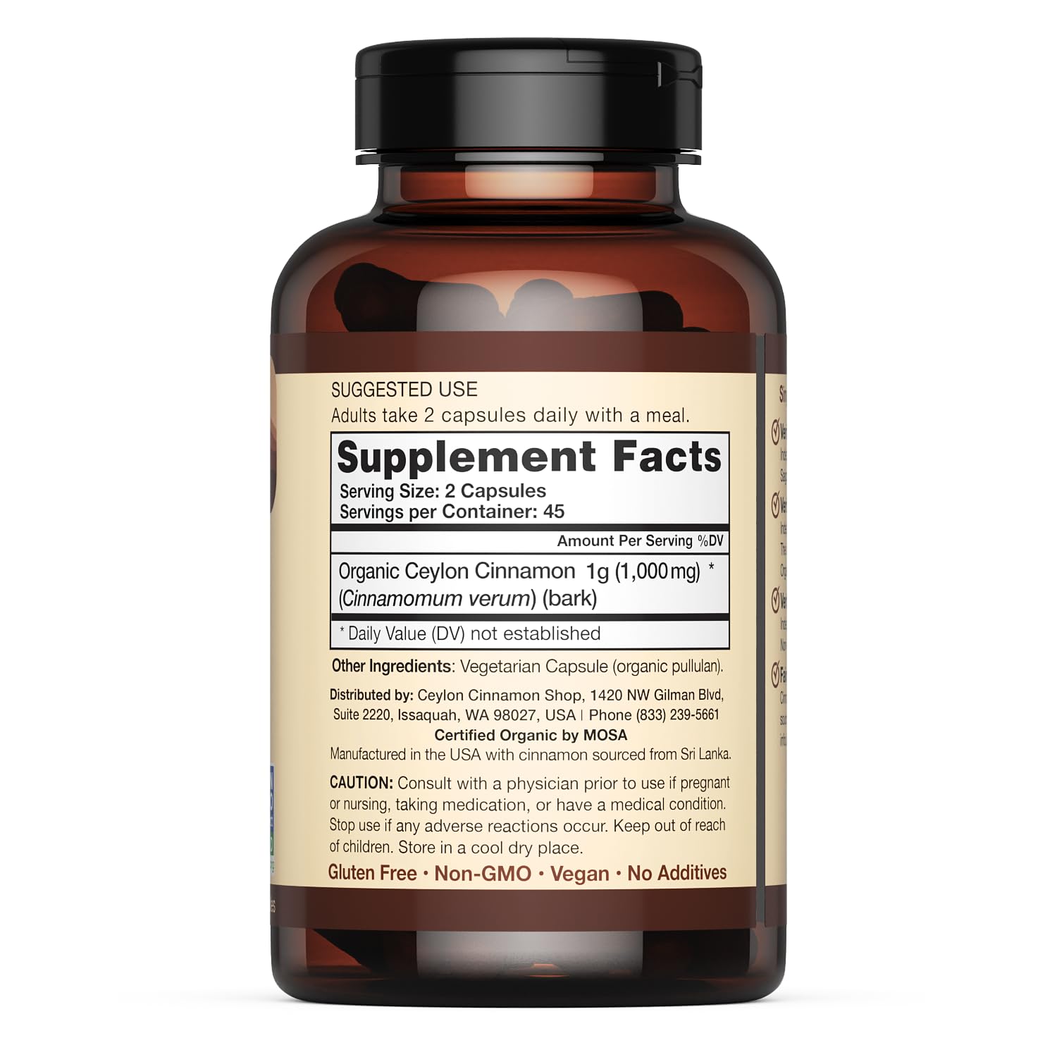 Ceylon Cinnamon Shop Organic Ceylon Cinnamon (100% Certified) Supplement, 90 Capsules - Image 3