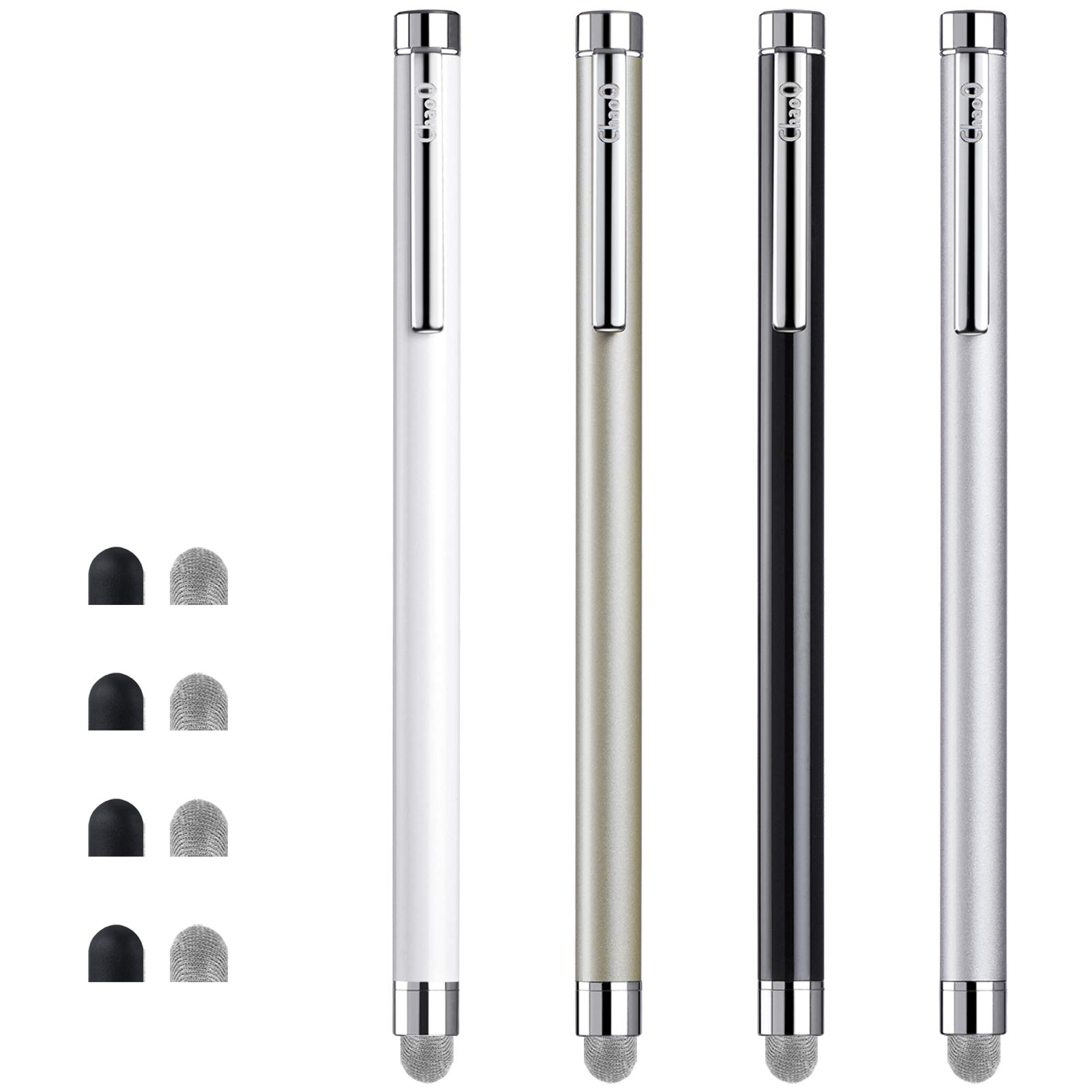 Stylus Pens for Touch Screens, ChaoQ 4 Pcs Mesh Fiber Stylus, with 4 Replaceable Mesh Tips and 4 Replaceable Rubber Tips (Silver, Black, White, Champagne)