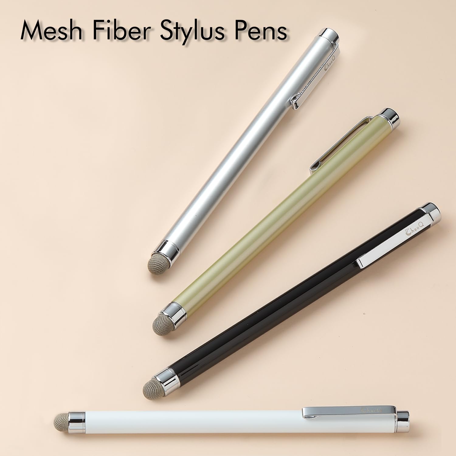 Stylus Pens for Touch Screens, ChaoQ 4 Pcs Mesh Fiber Stylus, with 4 Replaceable Mesh Tips and 4 Replaceable Rubber Tips (Silver, Black, White, Champagne) - Image 2