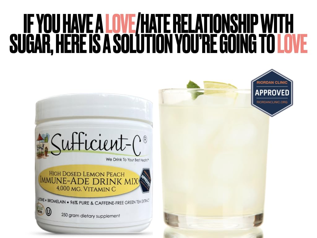 Sufficient-C High-Dosed 4000 mg. Vitamin C Lemon Peach Immune-Ade Drink Mix 250 gram size - Refreshing with Generously Dosed L-lysine, Bromelain & 96% Pure, Caffeine-Free Green Tea Extract - Image 4