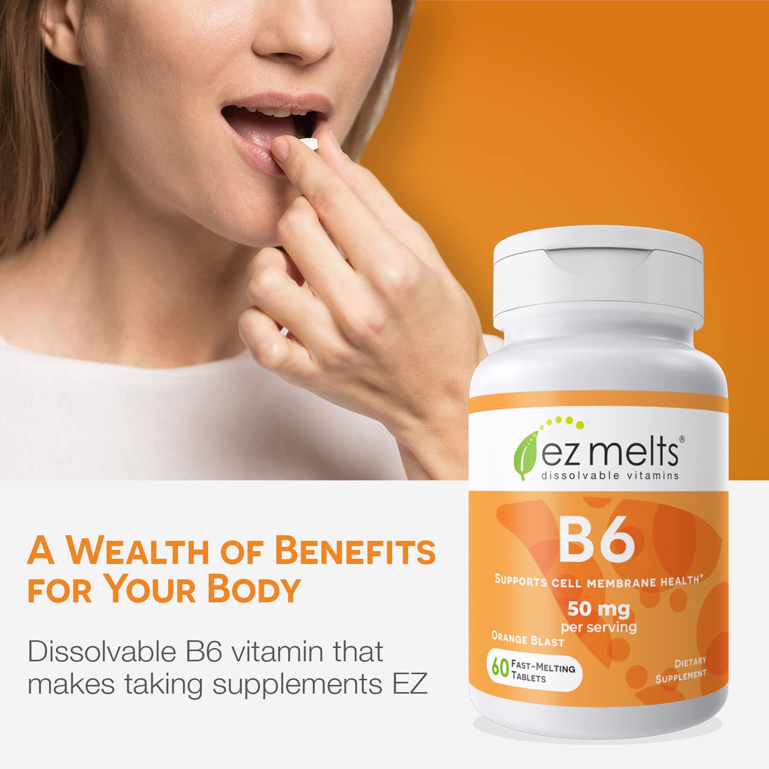 EZ Melts Dissolvable Vitamin B6 50 mg, Sugar-Free, 1-Month Supply - Image 2