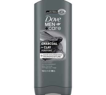 DOVE MEN + CARE Purifying Charcoal + Clay Body and Face Wash with 24-Hour Nourishing Micromoisture Technology Body Wash for Men, 13.5 oz