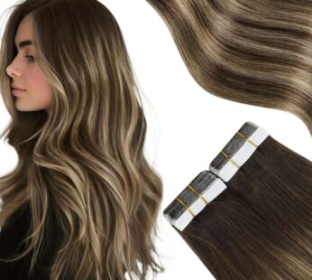 Moresoo Ombre Tape in Extensions Human Hair Dark Brown Rooted Balayage Hair Extensions Brown to Caramel Blonde with Brown Human Hair Extensions Tape in Real Hair 14 Inch #4/27/4 20pcs 50g