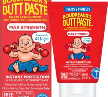 Boudreaux’s Butt Paste Max Strength Diaper Rash Cream for Baby, Ointment With Zinc Oxide, 2 oz Tube