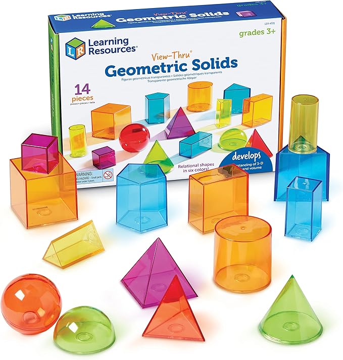 Learning Resources View-Thru Geometric Solids - Classroom Must Haves, Teacher Supplies, Geometry Set, Pattern Blocks, Homeschool, 3d School Shapes For Teaching, Math Manipulatives Essentials
