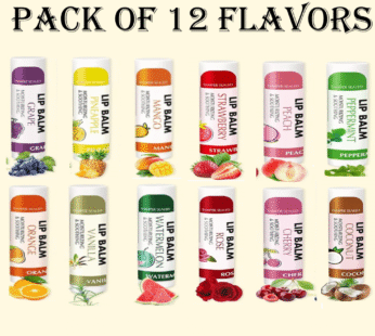 AZEN Pack Of 12 Lip Balm, Natural Lip Balm Bulk, Lip Care Product, Moisturizing Lip Balms for dry cracked lips – 12 Flavors (Grape, Pineapple, Mango, Orange, Vanilla, Watermelon, Cherry, Grape, Strawberry, Peppermint, Coconut, Rose).