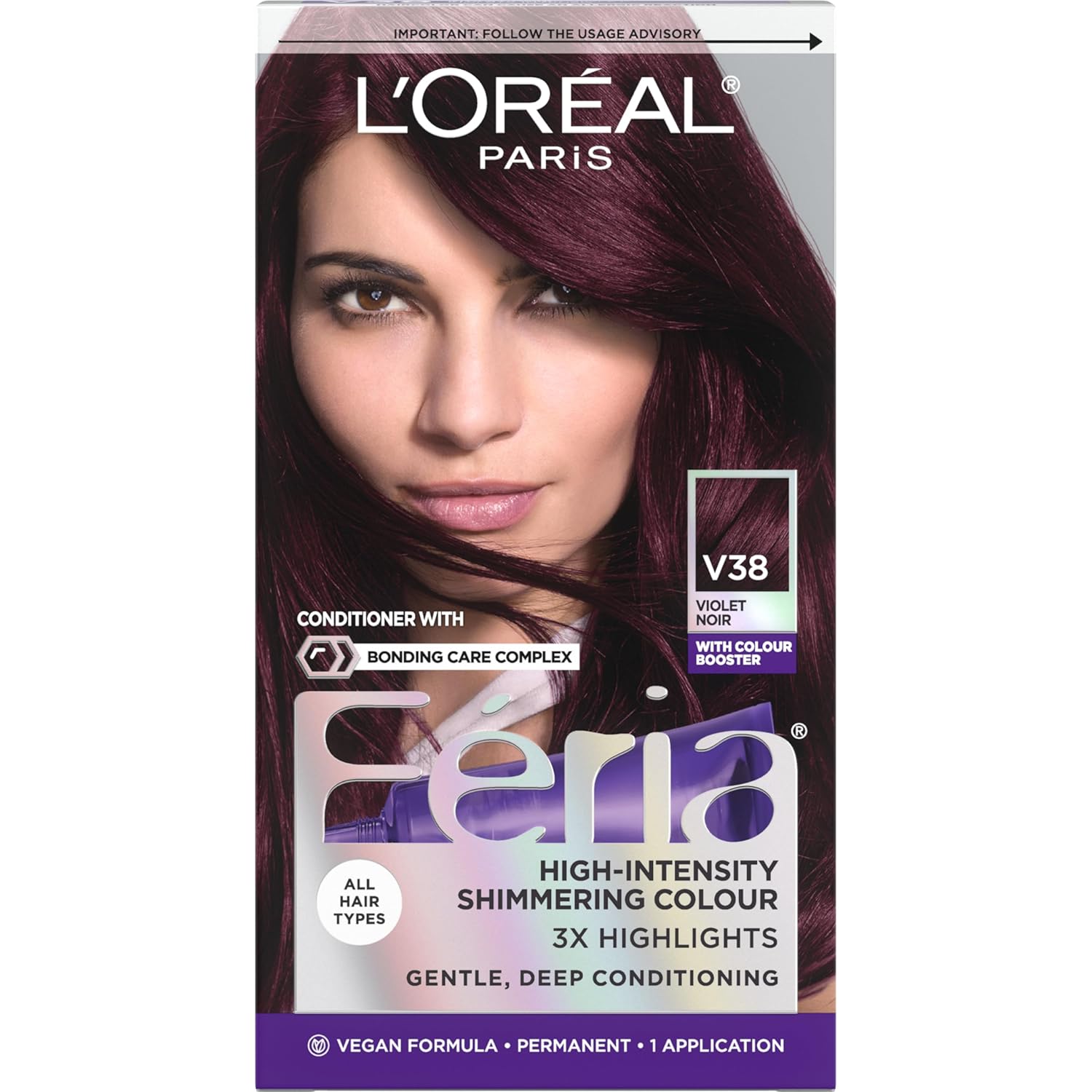 L'Oreal Paris Feria Multi-Faceted Shimmering Permanent Hair Color, V38 Violet Noir (Intense Deep Violet), Pack of 1 Hair Dye Kit