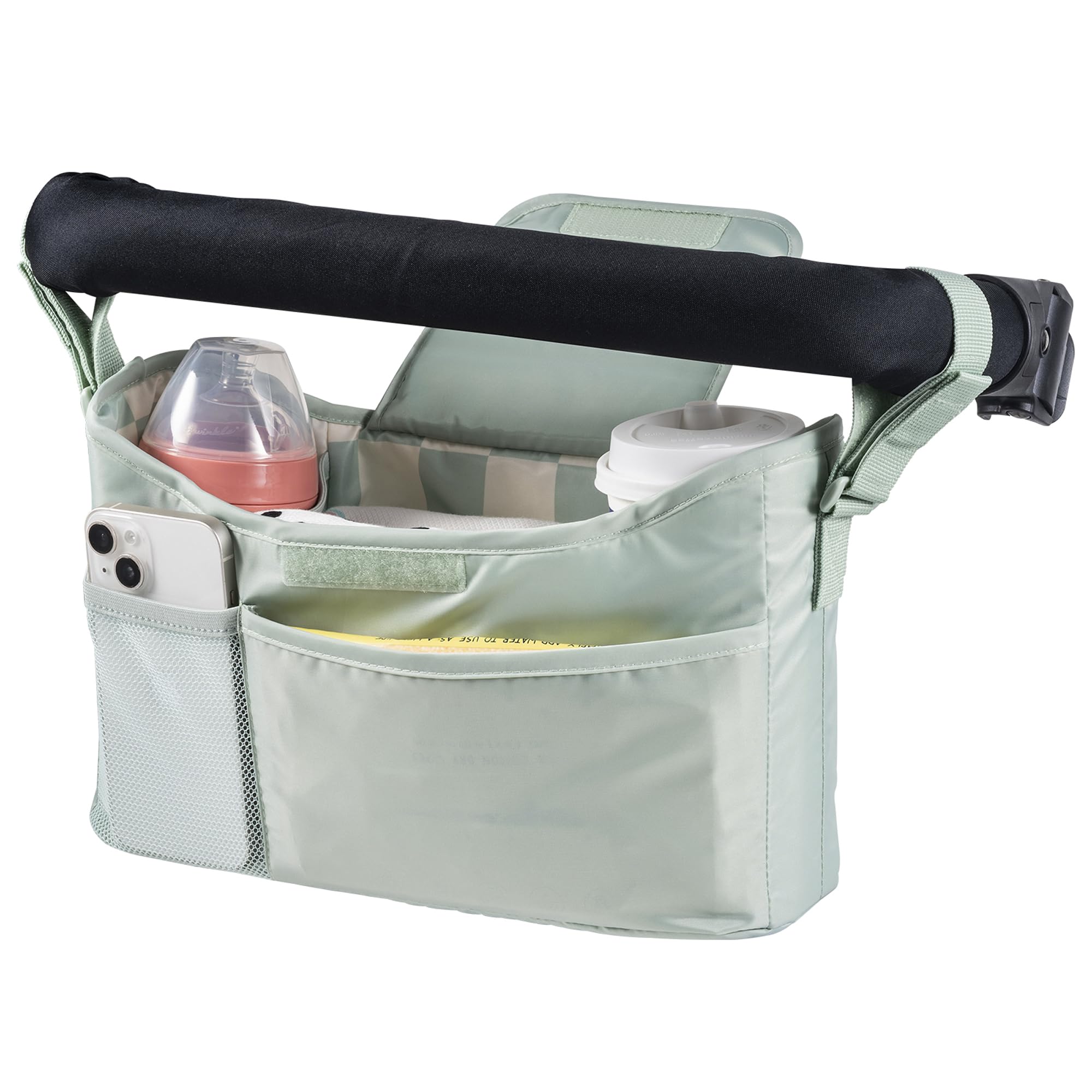 Tiny Twinkle Universal Stroller Organizer with Adjustable Strap - Waterproof Caddy Fits Baby Jogger, Nuna, Graco, Donna and Bugaboo Stroller | Sage Checkers