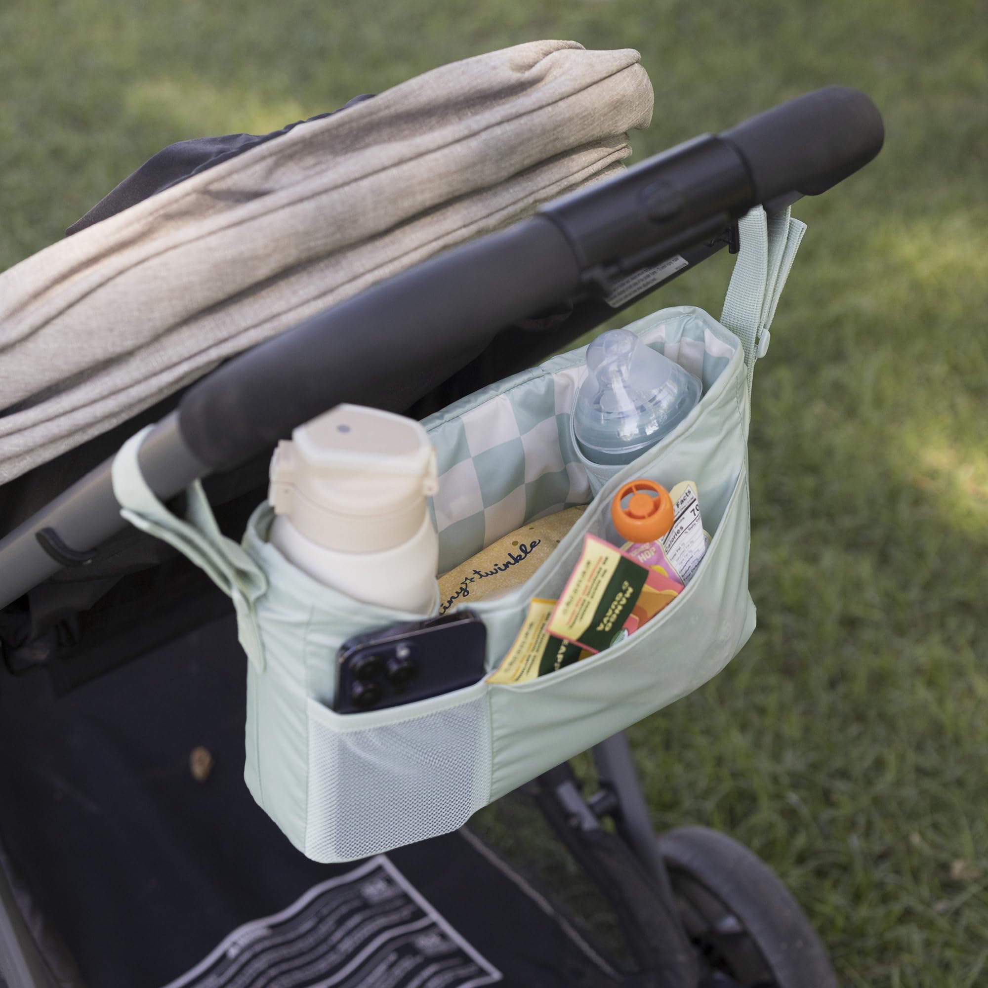 Tiny Twinkle Universal Stroller Organizer with Adjustable Strap - Waterproof Caddy Fits Baby Jogger, Nuna, Graco, Donna and Bugaboo Stroller | Sage Checkers - Image 6