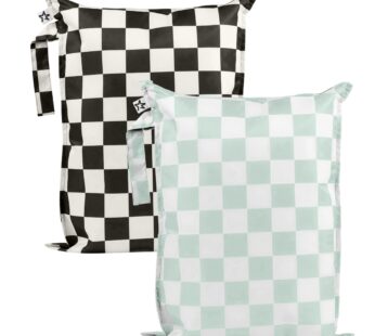 Tiny Twinkle Mess Proof Wet Bags | 2-Pack Reusable Waterproof Wet Bags for Swimsuits | Baby Clothes | Travel & Diaper Bag (Black, Green Checkers)