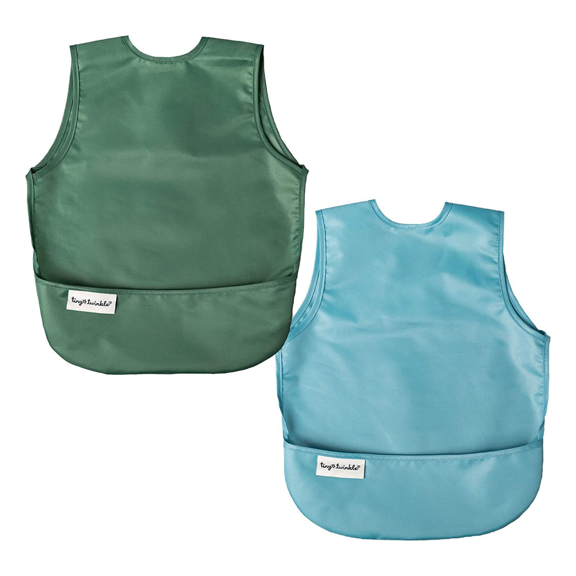 Tiny Twinkle Mess Proof Baby Bibs | 2 Pack Waterproof Toddler Bib for Eating | Baby Apron for Feeding, Machine Washable, Perfect Shower Gift (Slate Olive, 2-4Y)